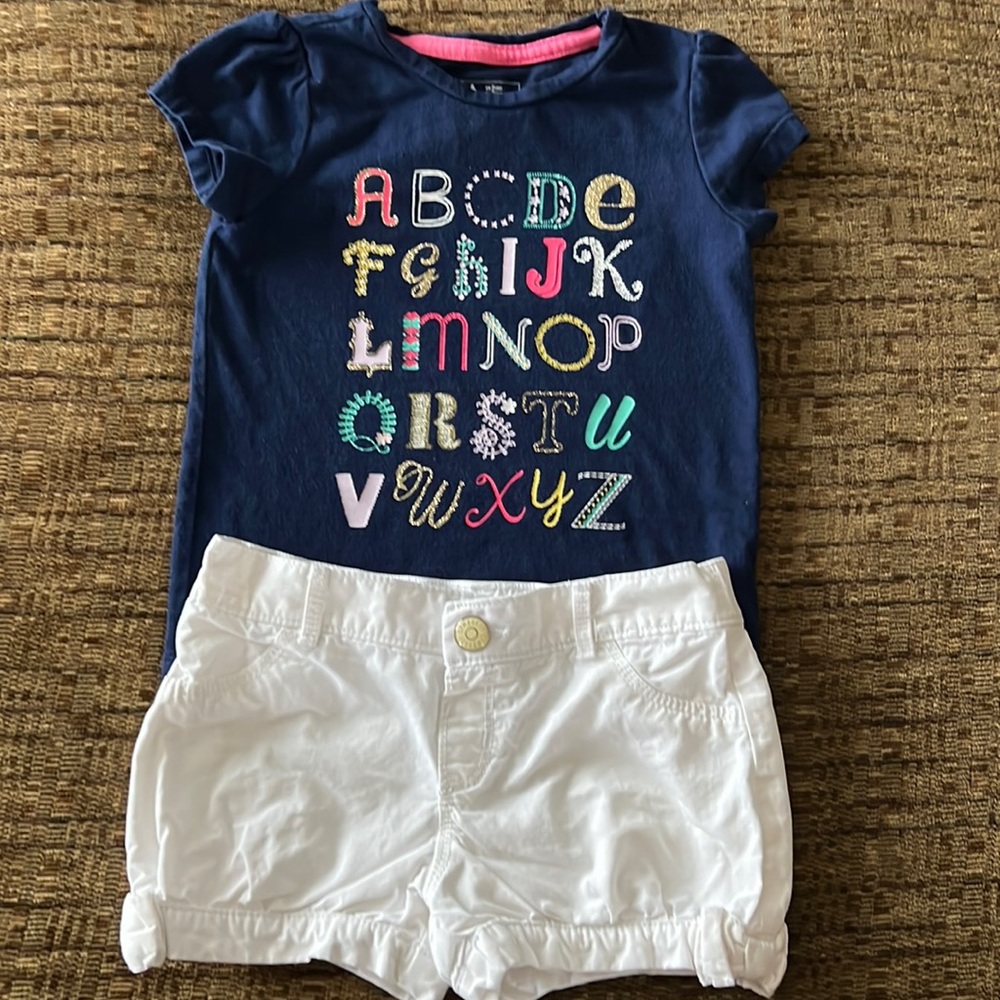 Little Girls Alphabet Shirt & White Bubble Shorts